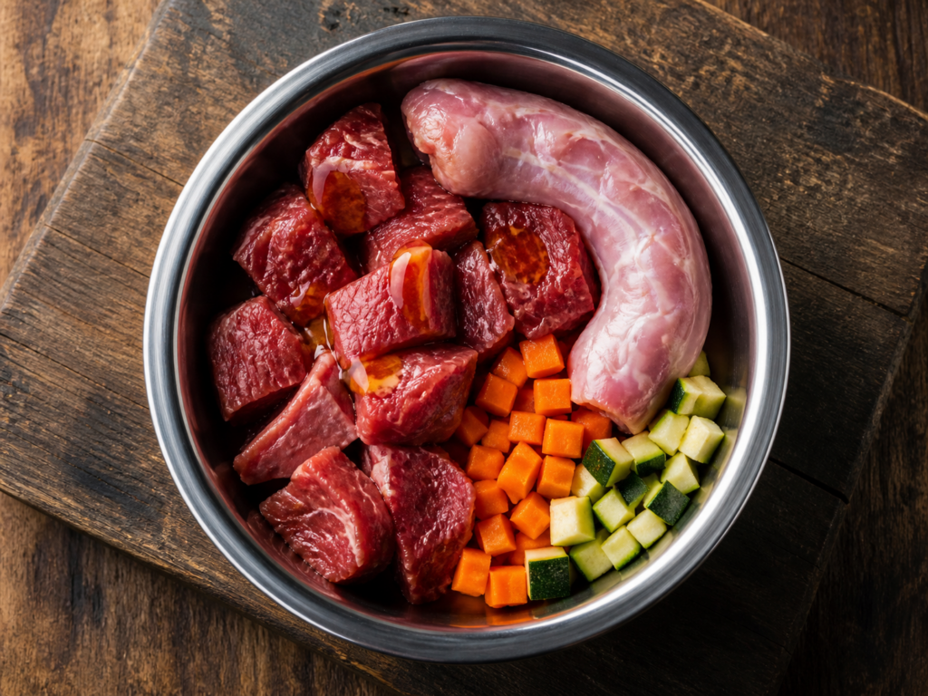 BARF-Napf mit Rindfleisch-Würfeln, Hähnchen-Filet, Karotten- und Zucchini-Würfeln auf rustikalem Holzbrett
